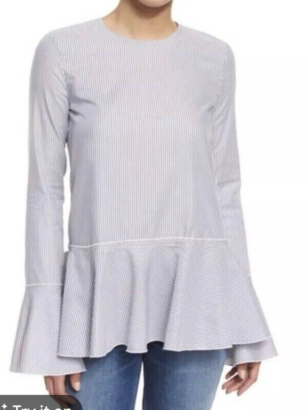 Theory Petite Grey White Pinstripe Bell Sleeve Peplum Blouse P XS Cotton Top - Picture 2 of 7